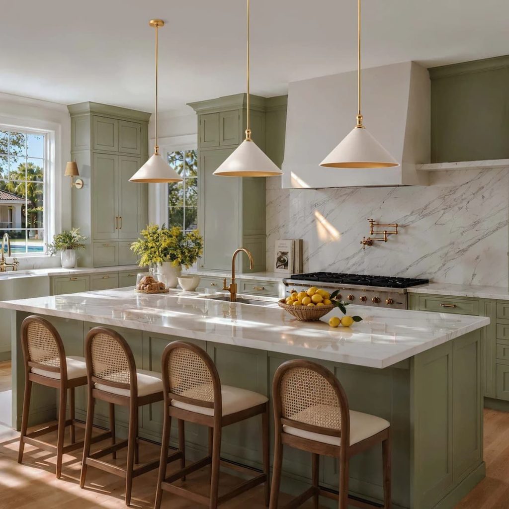Modern kitchen with sage green cupboards, marble worktops, rattan bar stools, pendant lights, and a bowl of lemons on the island. Large window lets in natural light.