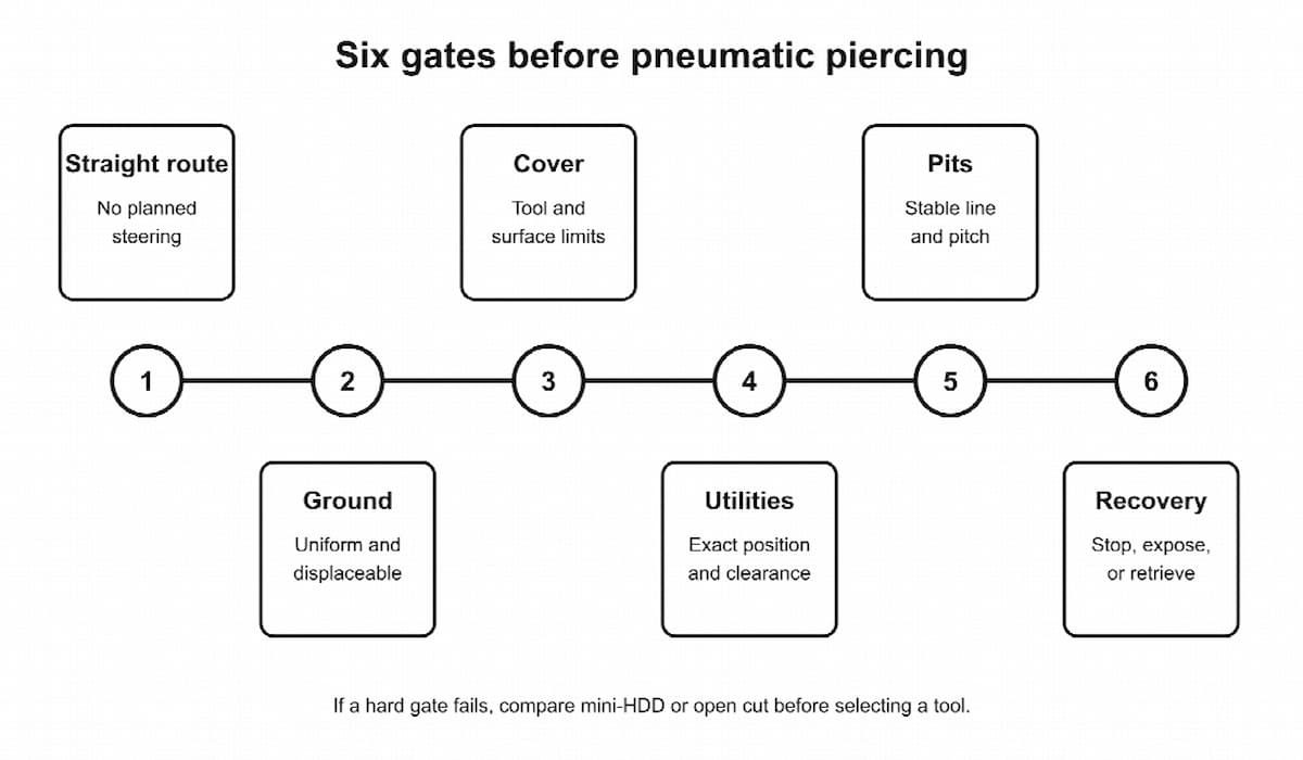 Flowchart with six labelled gates for pneumatic piercing: Straight route, Ground, Cover, Utilities, Pits, and Recovery, showing steps and considerations—including equipment requirements—before proceeding with short service crossings.