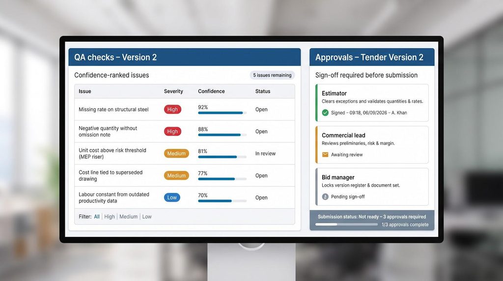 Computer monitor displaying a QA checks dashboard with ranked issues and their status, alongside an approvals panel showing sign-off requirements before submission—highlighting how Construction Estimating Software enhances bid accuracy and efficiently manages drawings change throughout the project lifecycle.