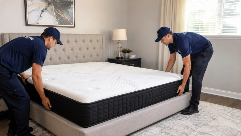 Two workers in blue uniforms are placing a white mattress with a black edge onto a bed frame in a neatly furnished bedroom, demonstrating expert mattress setup as part of a smooth mattress delivery.