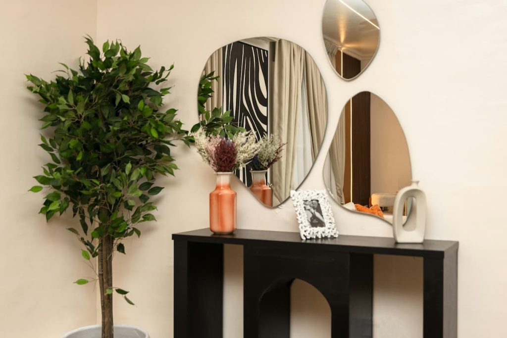 A stylish black hall console table with vases and a picture frame sits below three irregular mirrors and beside a potted plant, adding both style and functional elegance to the modern room.