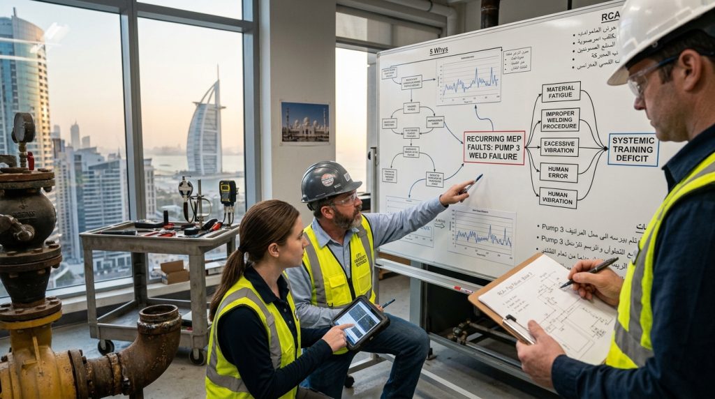 Root cause analysis in maintenance reviewing recurring MEP faults and corrective actions in a Dubai building