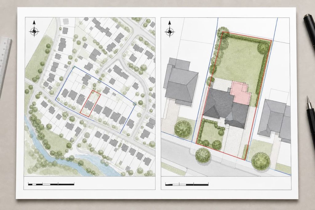 Two architectural site plans show a highlighted property within a residential neighbourhood on the left and a detailed plot view with buildings and trees on the right. Ideal for homeowners preparing planning applications, the scene also features pens and a ruler nearby.