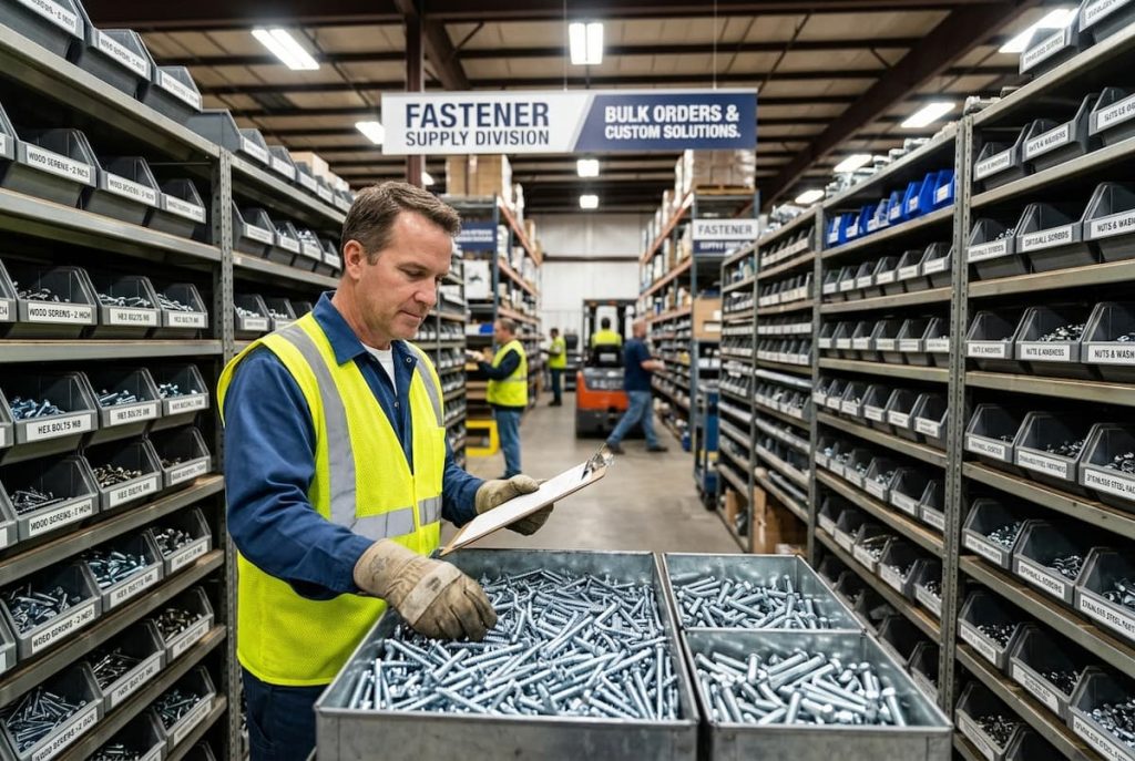 A warehouse worker in a yellow safety vest inspects a metal bin of engineering fasteners whilst other employees work in the aisles of a hardware supply facility.