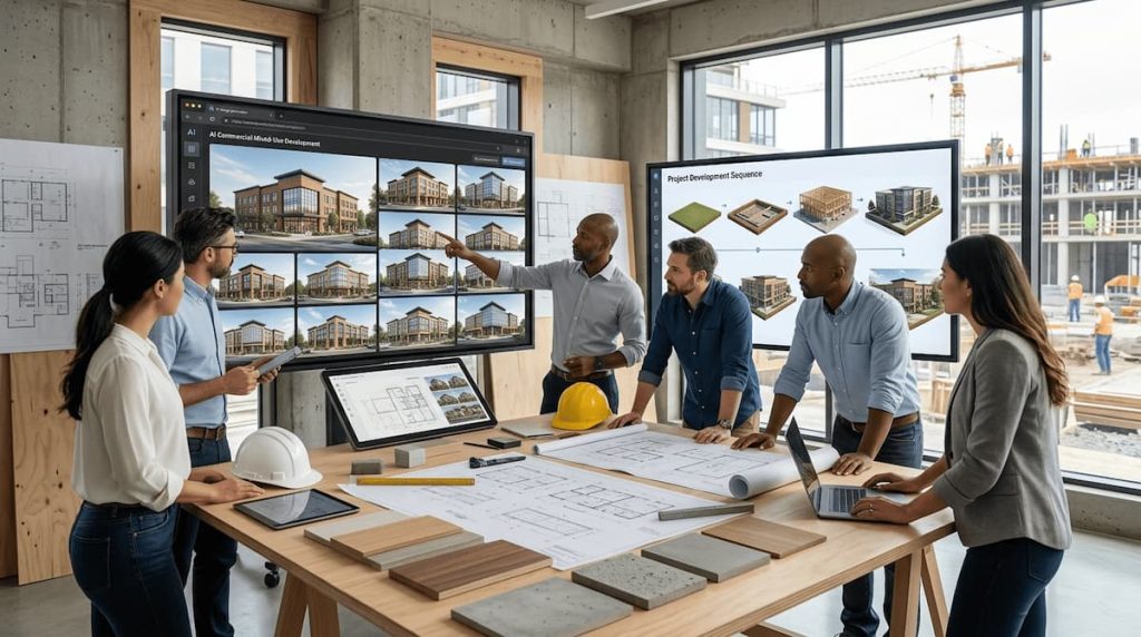 Architects use construction technology to review project renderings and blueprints in an office overlooking a building site.