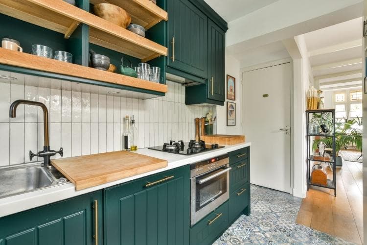 - Machinery Asia Stylish Green Kitchen with Under-Cabinet Ra