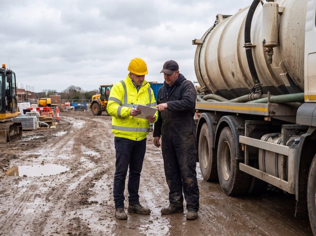 Two groundworks team members stand on a muddy site next to a vacuum tanker, reviewing a clipboard together.