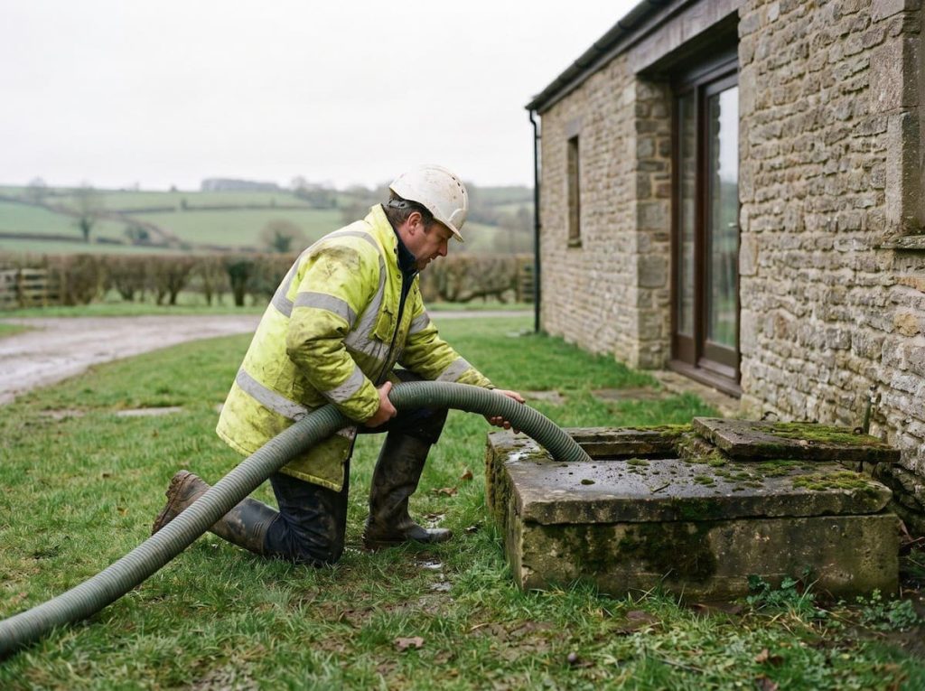 A worker in a hard hat and high-visibility jacket kneels on grass, using a vacuum tanker hose to clear a stone drainage pit during site drainage works beside a building.